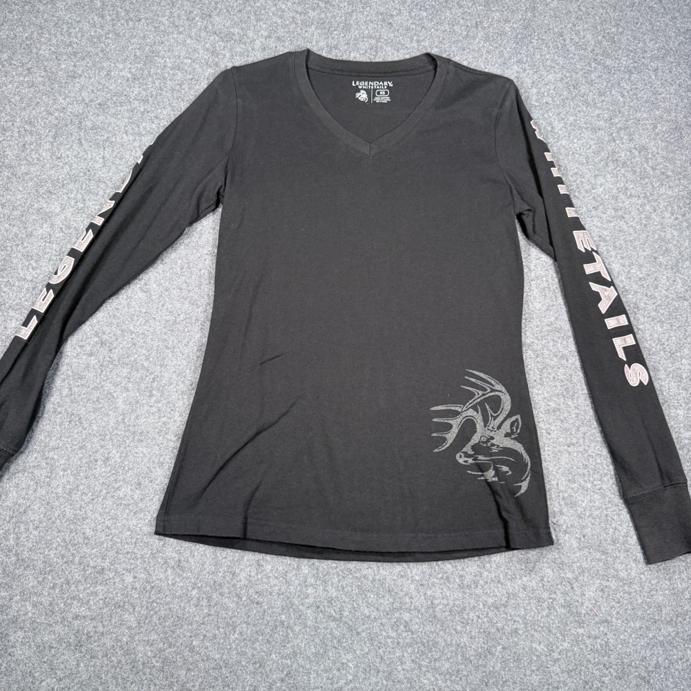 Legendary Whitetails Womens XS Black V-Neck Long Sleeve Deer Graphic Tee Shirt